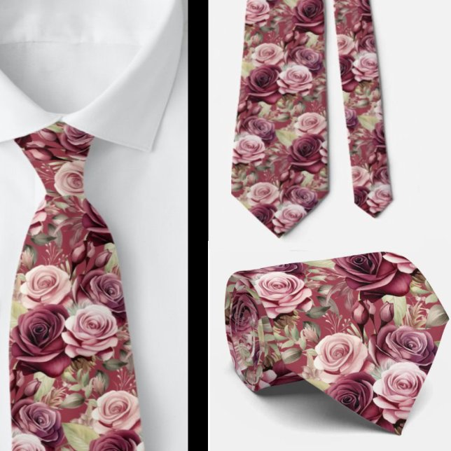Burgundy Deep Red Roses Blush Mauve Neck Tie (Creator Uploaded)