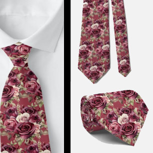 Burgundy Deep Red Roses Blush Mauve Neck Tie