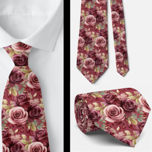 Burgundy Deep Red Roses Blush Mauve Neck Tie