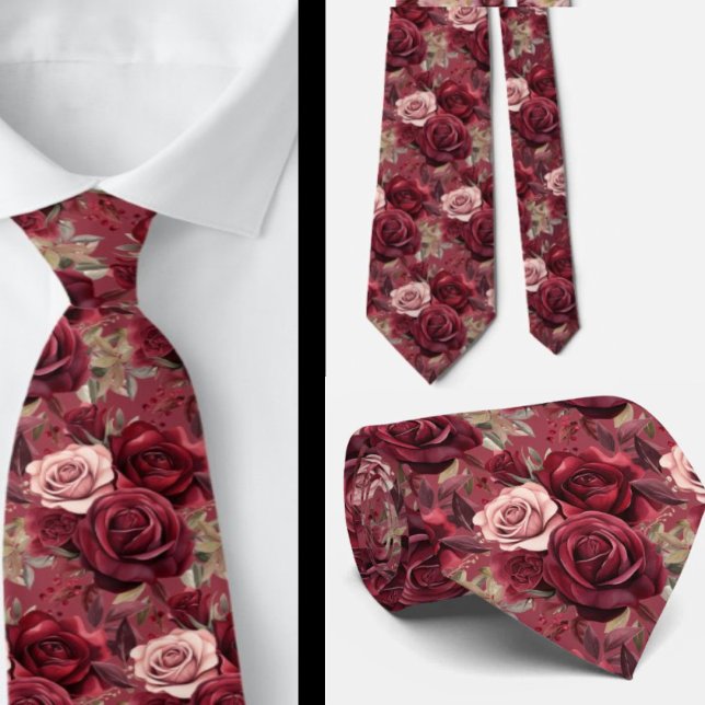 Burgundy Deep Red Roses Blush Mauve Neck Tie (Creator Uploaded)