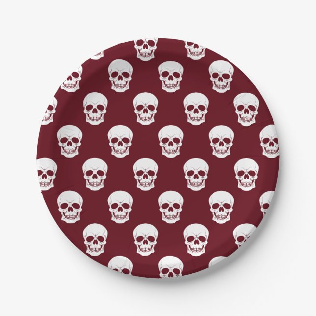 Burgundy Deep Red Skull Pattern Spooky Halloween Paper Plate (Front)