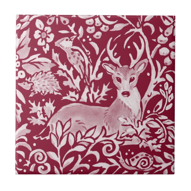 Burgundy Deer Hedgehog Woodland Forest Animal  Tile (Front)