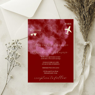Burgundy Destination plane flight abroad wedding Invitation