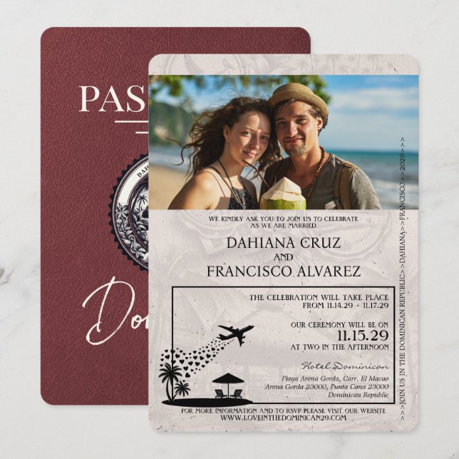 Burgundy Dominican Republic Passport Wedding Invitation (Front/Back)