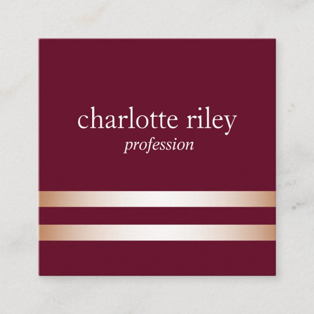 Burgundy | Double Rose Gold Stripes Stylish Square Business Card (Front)
