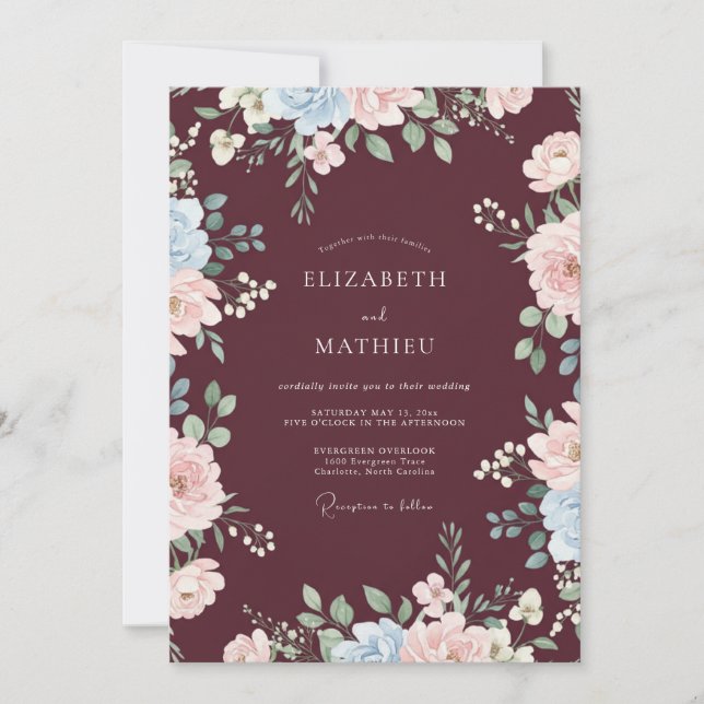 Burgundy Dreamy Botanical Wedding Invitation (Front)
