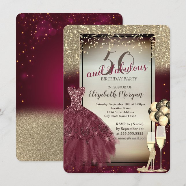 Burgundy Dress,Ballons,Gold 50th Birthday  Invitation (Front/Back)