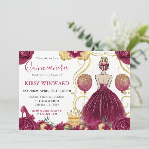 Burgundy Dress Blonde Hair Princess Quinceanera Invitation