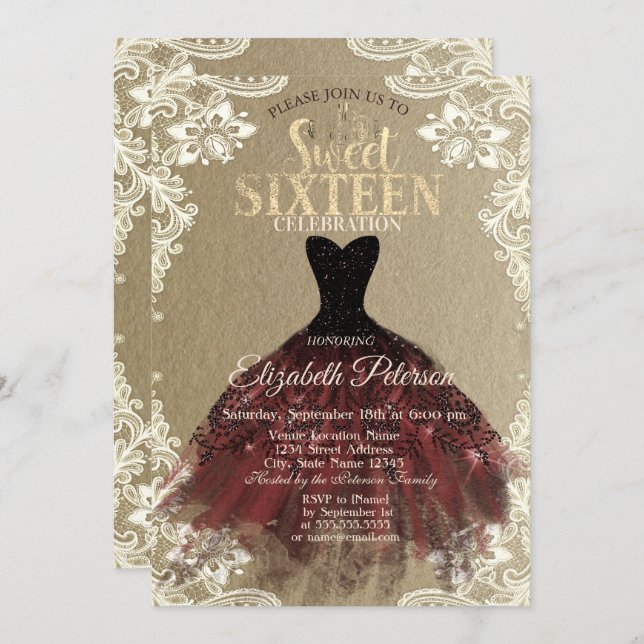 Burgundy Dress,Crown,Lace Kraft Sweet 16 Party Invitation (Front/Back)