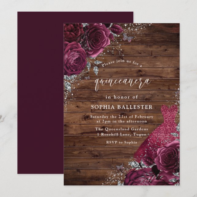 Burgundy Dress & Floral Roses Rustic Quinceanera Invitation (Front/Back)