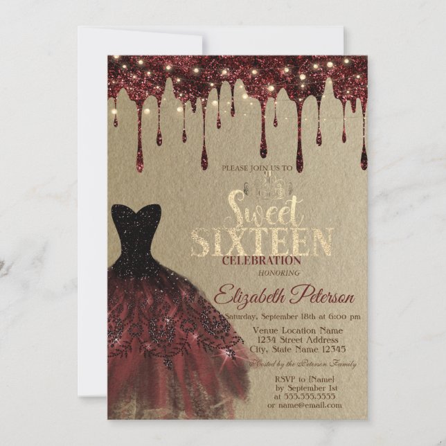 Burgundy Dress,Glitter Drips Lights Kraft Sweet  Invitation (Front)