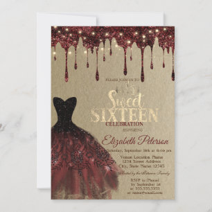 Burgundy Dress,Glitter Drips Lights Kraft Sweet Invitation
