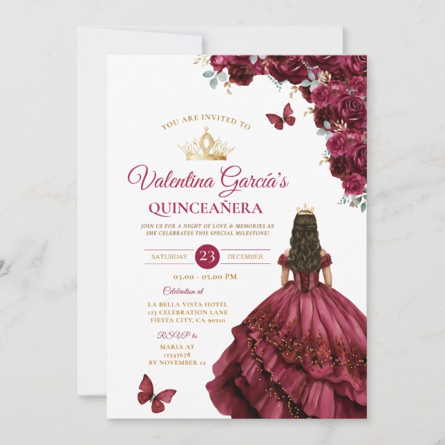 Burgundy Dress Quinceañera 15 Anos Flowers Gold Invitation (Front)