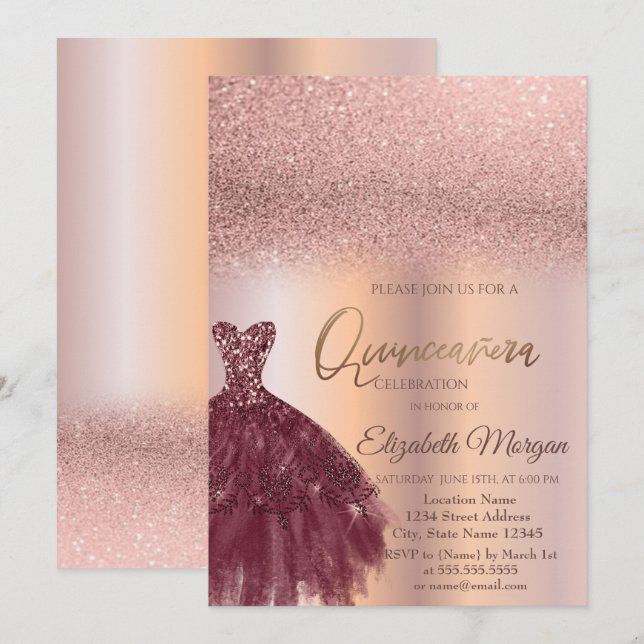  Burgundy Dress Rose Gold Ombre Quinceañera  Invitation (Front/Back)