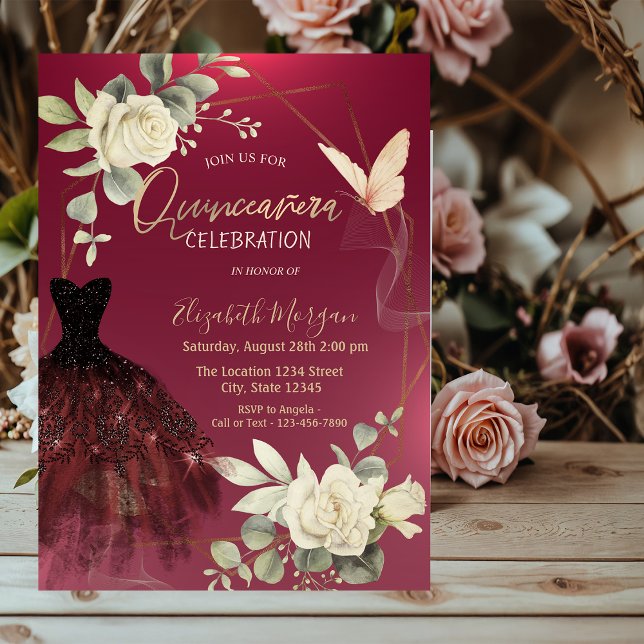 Burgundy Dress Roses Buttefflies Quinceañera Invitation (Creator Uploaded)