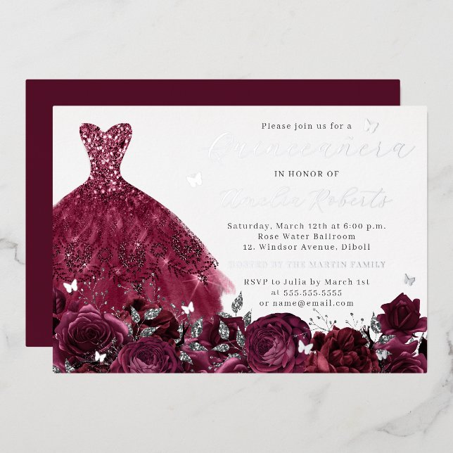 Burgundy Dress Silver Floral Butterfly  (Front/Back)