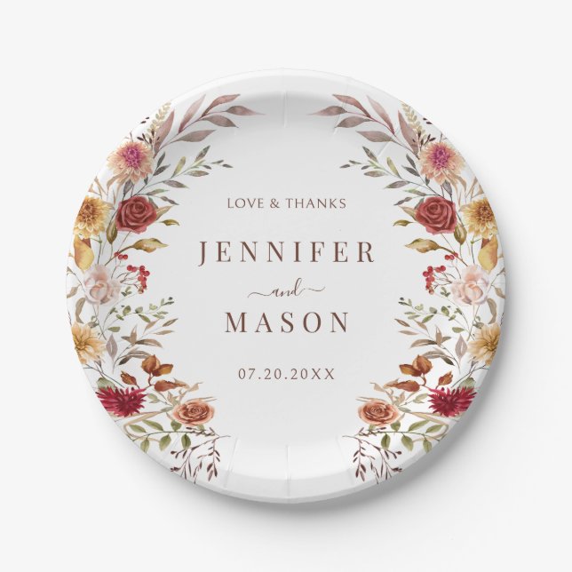 Burgundy Dried Flower Wreath Fall Wedding in Bloom Paper Plate (Front)