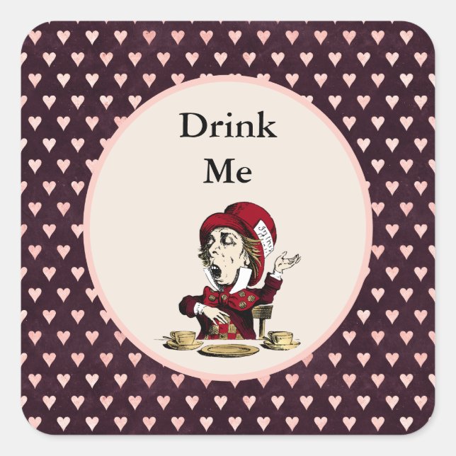 Burgundy Drink Me Mad Hatter Alice in Wonderland Square Sticker (Front)