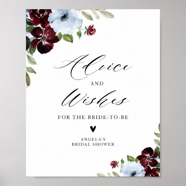 burgundy dusty blue bridal shower advice wishes poster (Front)