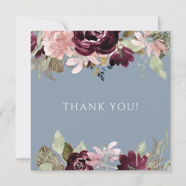 Burgundy Dusty Blue Elegant Floral Wedding Thank Card (Front)