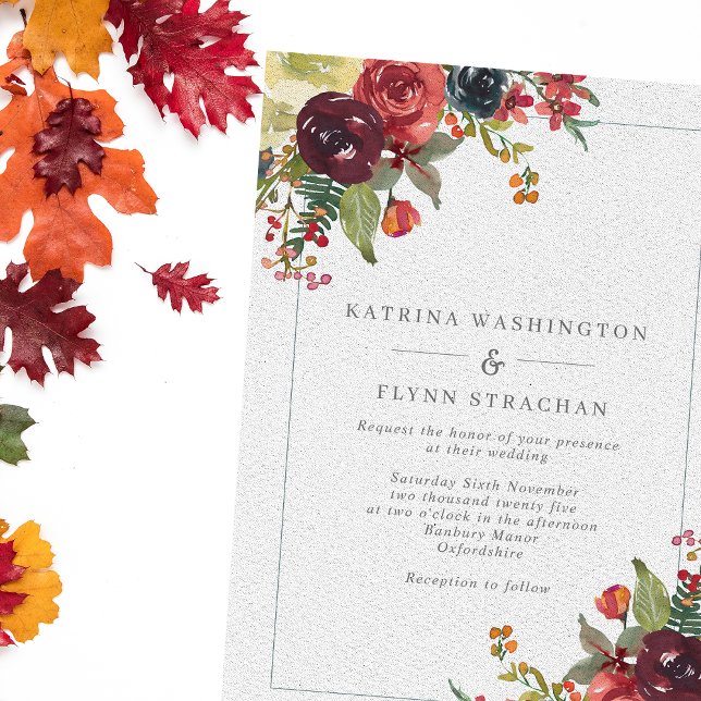 Burgundy & Dusty Blue Fall Floral Border Wedding Invitation (Creator Uploaded)