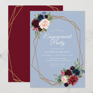 burgundy dusty blue floral geometric engagement  invitation