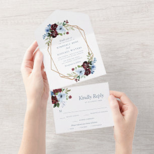 burgundy dusty blue floral geometric wedding all in one invitation