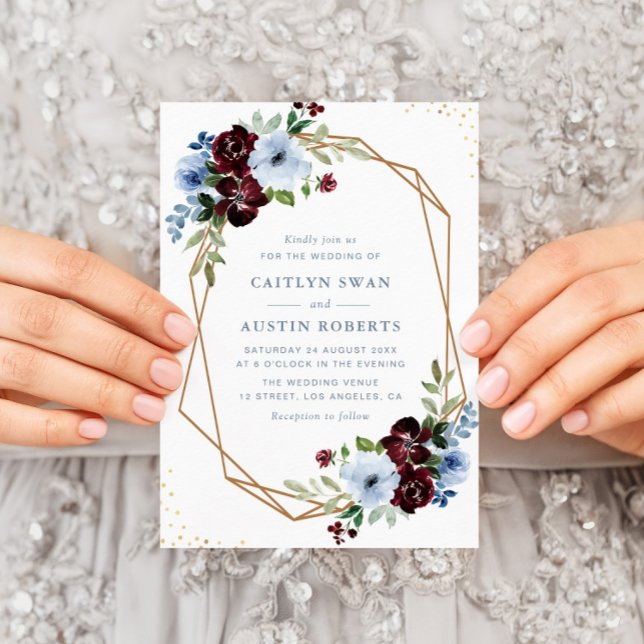burgundy dusty blue floral geometric wedding invitation (Creator Uploaded)