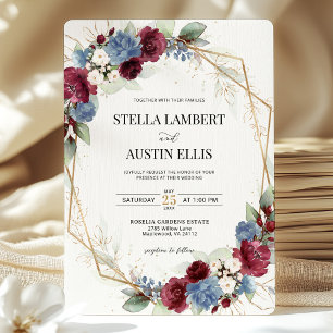 Burgundy Dusty Blue Floral Geometric Wedding  Invitation