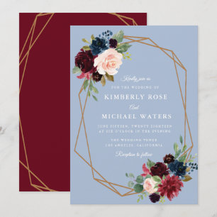 Burgundy & Dusty blue floral geometric wedding Invitation