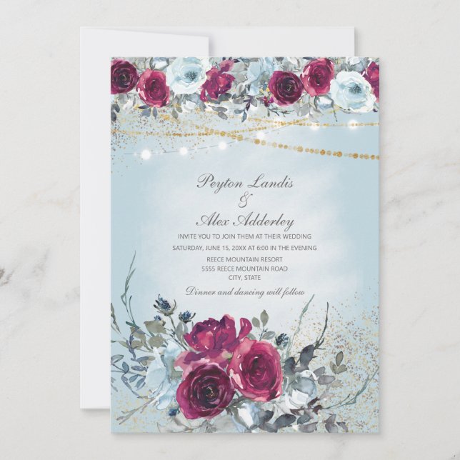 Burgundy Dusty Blue Floral Glitter Wedding Invitation (Front)