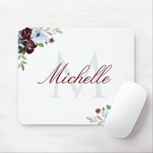 burgundy dusty blue floral monogram  mouse pad