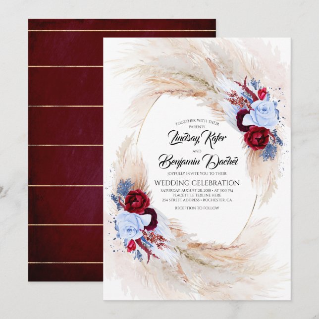 Burgundy & Dusty Blue Floral Pampas Grass Wedding Invitation (Front/Back)