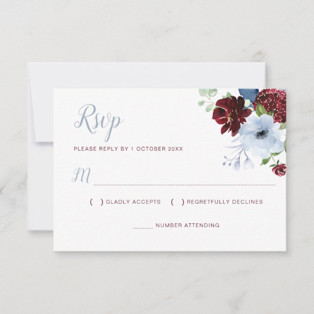 Burgundy Dusty blue floral RSVP card (Front)
