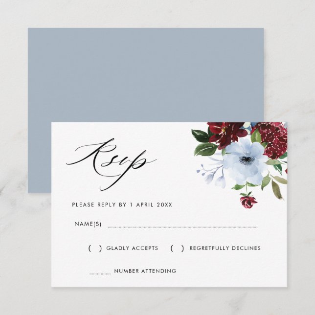 burgundy dusty blue floral RSVP card (Front/Back)