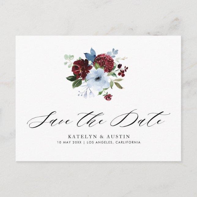 burgundy dusty blue floral save the date postcard (Front)