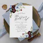 burgundy dusty blue floral script wedding invitation<br><div class="desc">watercolor burgundy and dusty blue flowers with a gold frame and elegant text. The colours and text can be personalised.</div>