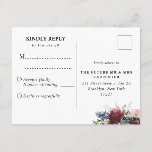 Burgundy Dusty Blue Floral Watercolor Wedding RSVP Postcard