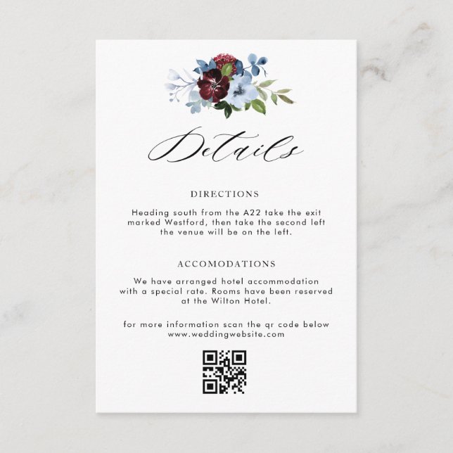 burgundy dusty blue floral wedding details card (Front)