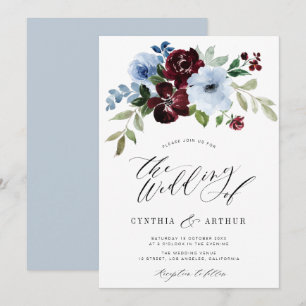 burgundy dusty blue floral wedding invitation
