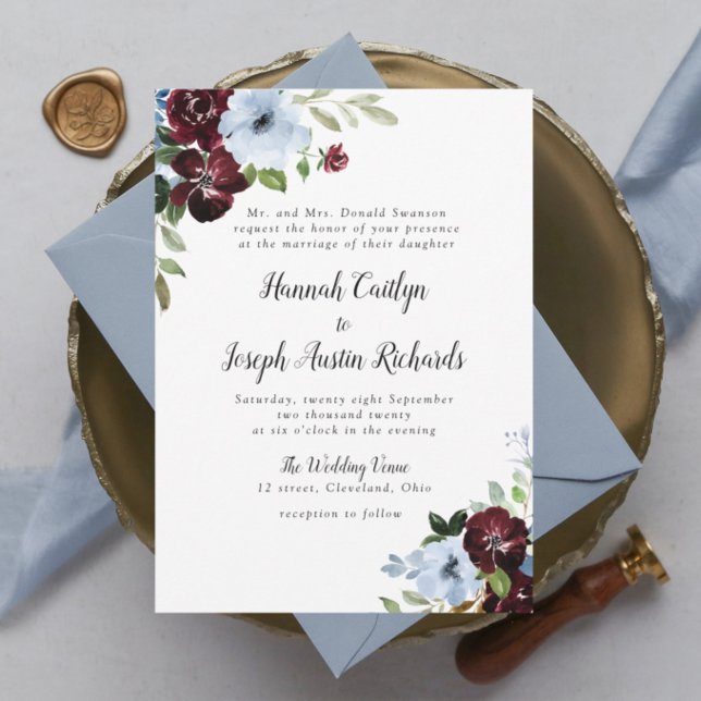burgundy dusty blue floral wedding invitation (Creator Uploaded)