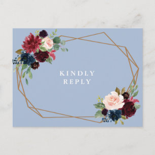 burgundy dusty blue floral wedding RSVP  Postcard