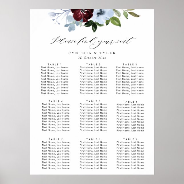 burgundy dusty blue floral wedding seating chart (Front)