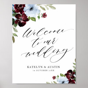 burgundy dusty blue floral welcome wedding sign