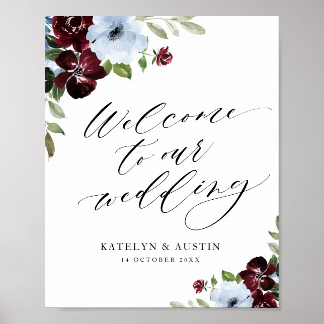 burgundy dusty blue floral welcome wedding sign (Front)