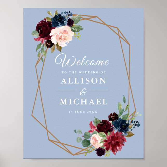 burgundy dusty blue geometric wedding sign (Front)