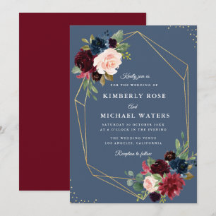 Burgundy & Dusty blue gold geometric wedding Invitation