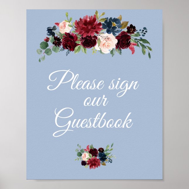 burgundy dusty blue guestbook wedding sign (Front)
