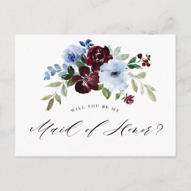 burgundy dusty blue Maid of Honour proposal card (Front)