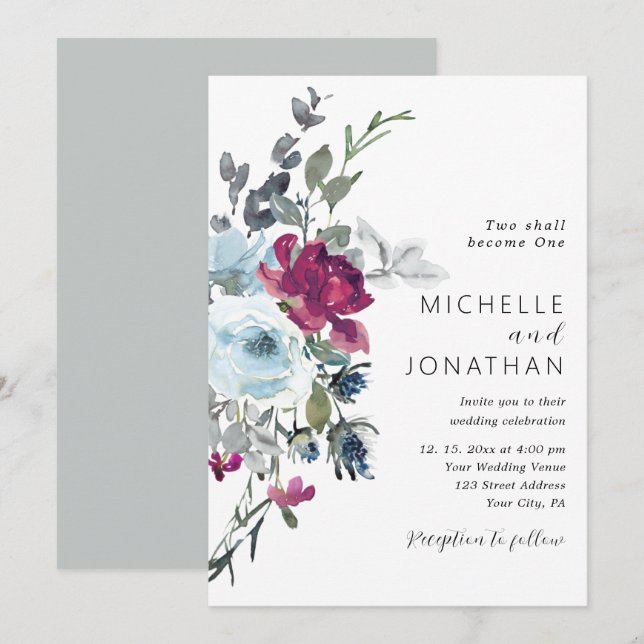 Burgundy Dusty Blue Rose Floral Christian Wedding Invitation (Front/Back)